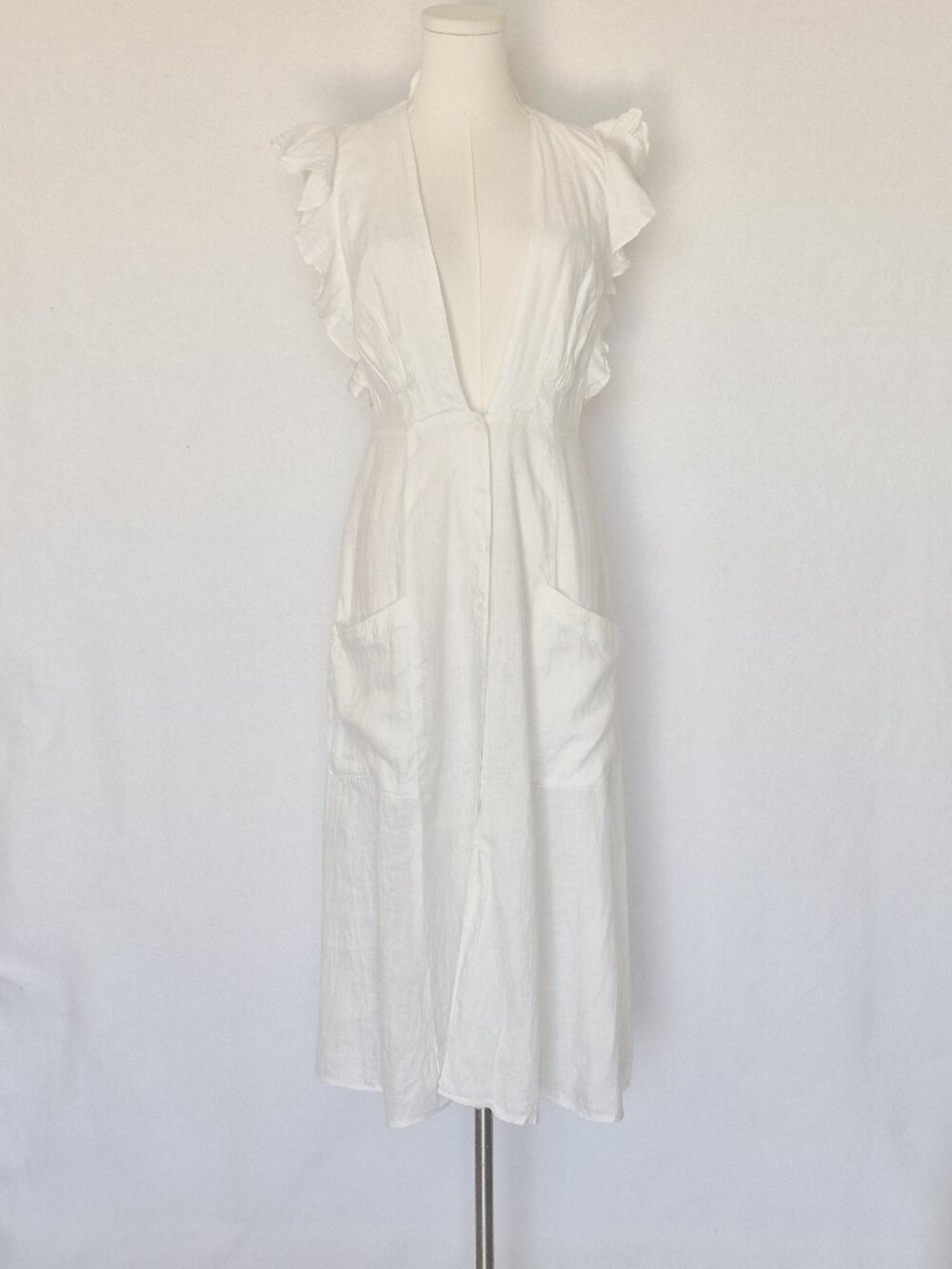 Reformation Linen Ruffle Sleeveless Deep V-Neck Midi Dress Button-Front Pocket - Picture 2 of 15